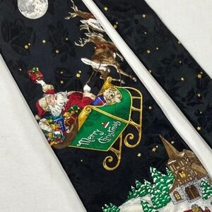 Mens Christmas Tie Santa Sleigh Village Scene Merry Christmas Black Silk Holiday